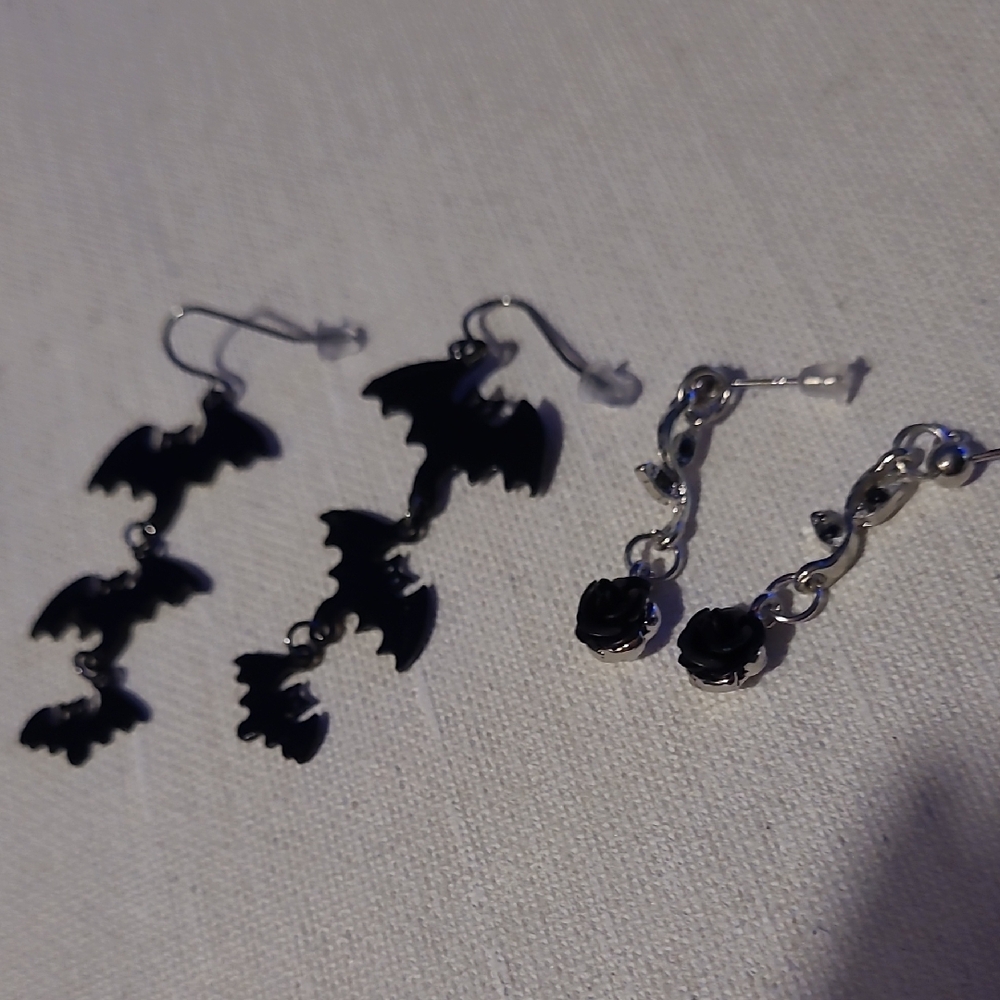 Black Bat and Rose Earrings Set